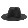 Cappello di paglia nero a tesa larga con fascia decorativa e borchie dorate lucide - Nero