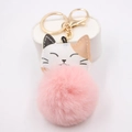 Close-up of a pink plush pompom keychain with a cute PU cat charm and golden clasp - Gold Buckle Cat / Pink
