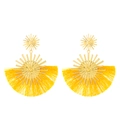 Bohemian fan-shaped fringe earrings in bright yellow and gold starburst studs - Yellow
