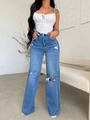 Detailansicht der High-Waist-Wide-Leg-Jeans mit Rissen und weißem Korsett-Top für Damen - S / Blau