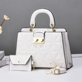 Elegant white quilted handbag set with top handle, crossbody strap and small pouch - White