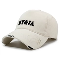 Off-white vintage baseball cap with black NY&JA embroidery and distressed brim details - Light Beige