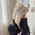 Beige chunky knit winter beanie with earflaps and braided ties for women - M (56-58cm) / Beige