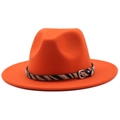 Detail of orange felt fedora with zebra print leather band and silver buckle - M (56-58cm) / Orange