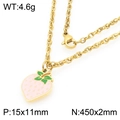 Gold-tone titanium steel necklace featuring a sweet pink strawberry oil-dripped pendant - Pink Strawberry Pendant Necklace (KN293006-Z)