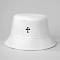 White cotton bucket hat with black gothic cross embroidery for sun protection - One Size / White