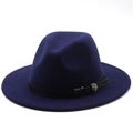 Detail view of navy blue wool fedora hat featuring black leather band and silver flower buckle - M (56-58cm) / Navy Blue