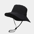 Detail of a waterproof black sun hat featuring a wide brim and adjustable chin strap - One Size / Black