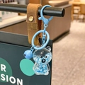 Blue liquid quicksand bear keychain with blue bell and matte lobster clasp on leather - Blue Sitting Letter Bear