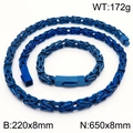 Blue stainless steel Byzantine chain set featuring king necklace and matching bracelet - Blue