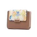 Detail of a brown PU leather trifold wallet featuring lemon and floral prints and metal clasp - Coffee