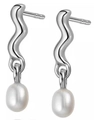Silver wavy snake-shaped earrings with white pearl pendants on a white background - Wavy Design with White Artificial Pearl (E826-ST)