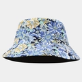 Close-up of vibrant daisy floral pattern on the wide brim of a reversible cotton bucket hat - Dark Blue Yellow White Floral Style (3#色)