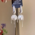 Close-up of 925 silver flower pearl earrings with elegant mesh and tassel details - Silver (15# Silver Pin)