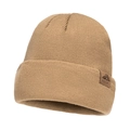 Unisex ribbed knit beanie in light khaki finish with embossed mountain leather patch - Khaki