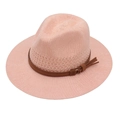 Pink woven straw hat with brown leather band and tassel detail for summer vacations - Pink