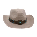 Western cowboy straw hat in light khaki with turquoise beads and brown leather band - Gray
