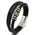Men's multi-layer braided black leather bracelet with silver and gold metal beads - 21cm / Black Strap Silver Buckle