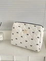 Trousse de toilette matelassée blanche avec nœuds noirs et fermeture éclair haute capacité - Pochette de taille moyenne