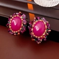 Close-up of vintage oval pink stone earrings with purple beads and gold metal finish - 20# Silver Earring Post - Rose Red - Oval