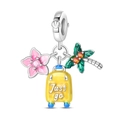 Macro detail of silver charm with enamel coconut tree, pink flower, and Just Go suitcase - Ocean Vacation - Summer Travel Pendant