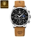 Men's waterproof quartz watch with brown leather strap and silver case with black dial - Silver Case Black Dial Leather Strap