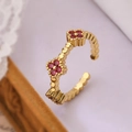 18K gold plated clover ring with red zircon flower charms and adjustable bead band - Adjustable Open / Red