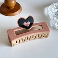Pink heart square hair claw clip with beige base and resin finish for women - Brown