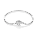 Macro detail of silver snake chain bracelet featuring a textured seashell clasp closure - Shell Style (KTB005) / Silver / 17cm