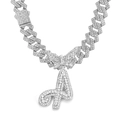 Silver iced out butterfly and letter A pendant on a Cuban link chain necklace - Silver Letter A