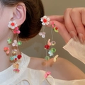 Handmade floral tassel earrings with white, pink and red resin flowers and crystal beads - 184# Silver Needle - Colored