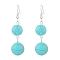 Boucles d'oreilles bohèmes avec deux pierres turquoises rondes et alliage argenté - Rond Double Couche Bleu (10243)