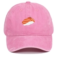 Pink washed cotton baseball cap featuring creative salmon sushi embroidery on the front - Washed Pink