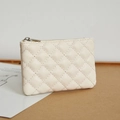 Cream white quilted PU leather coin purse with diamond pattern and silver zipper - Off White