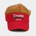Red baseball cap with blonde wig hair and US 2024 campaign embroidery detail - Red (Trump/2024)