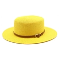 Detail of yellow flat-top straw hat featuring a brown leather band and golden buckle - M (56-58cm) / Yellow