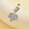 Silver retro coiled snake ear cuff with maple leaf pendant on a model ear - Style 2 (Maple Leaf)