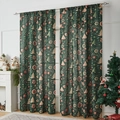 Detail of dark green Christmas curtain with gold tree prints and rod pocket design - Christmas Tree & Gift