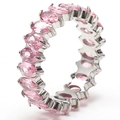 Macro shot of pink marquise-cut zircons set in a silver eternity band with claw setting - Steel Color + Pink Zirconia
