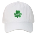 White washed cotton baseball cap with green lucky clover embroidery for outdoor sun protection - Adjustable / White