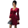 Slim fit burgundy velvet V-neck dress with puff sleeves and pleated A-line skirt - S / Burgundy