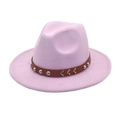 Close-up of light purple wool fedora with brown leather strap and silver metal studs - M (56-58cm) / Taro Purple