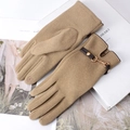 Women's camel velvet touch-screen gloves with gold horsebit and leather detail - One Size / Khaki