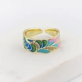 Colorful enamel adjustable ring with gold plating and micro-set zircons in vintage style - Adjustable Open / Colorful Feather No. 2