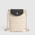 Vertical straw phone bag in cream and black leather with golden chain strap - Off White-Black