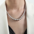 Minimalist wavy silver accordion spring choker necklace worn on model for modern style - Steel Color (P1778)