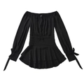 Elegantes schwarzes schulterfreies Langarmkleid mit gesmokter Taille und Rüschensaum - S / Schwarz