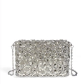 Silver hand-woven beaded crossbody bag with sparkling floral geometric patterns and metal chain - Silver