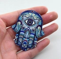 Ethnic Hamsa Hand pendant with blue Mandala pattern and Evil Eye on a palm - Style 15