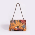 Embroidered shoulder bag featuring colorful floral sequins and woven chain strap - Orange